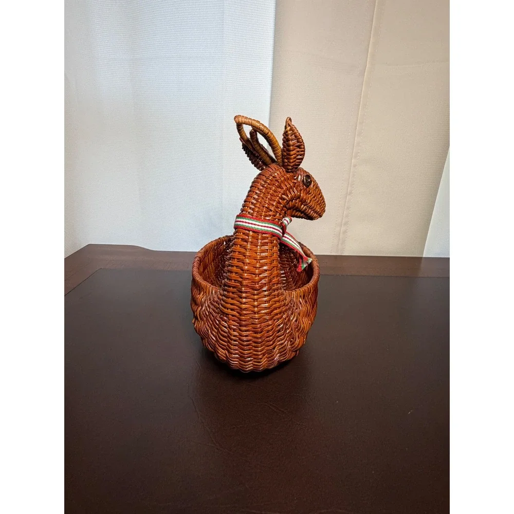 Vintage Wicker Reindeer Basket Christmas Deer Candy Dish Rattan Holiday Decor